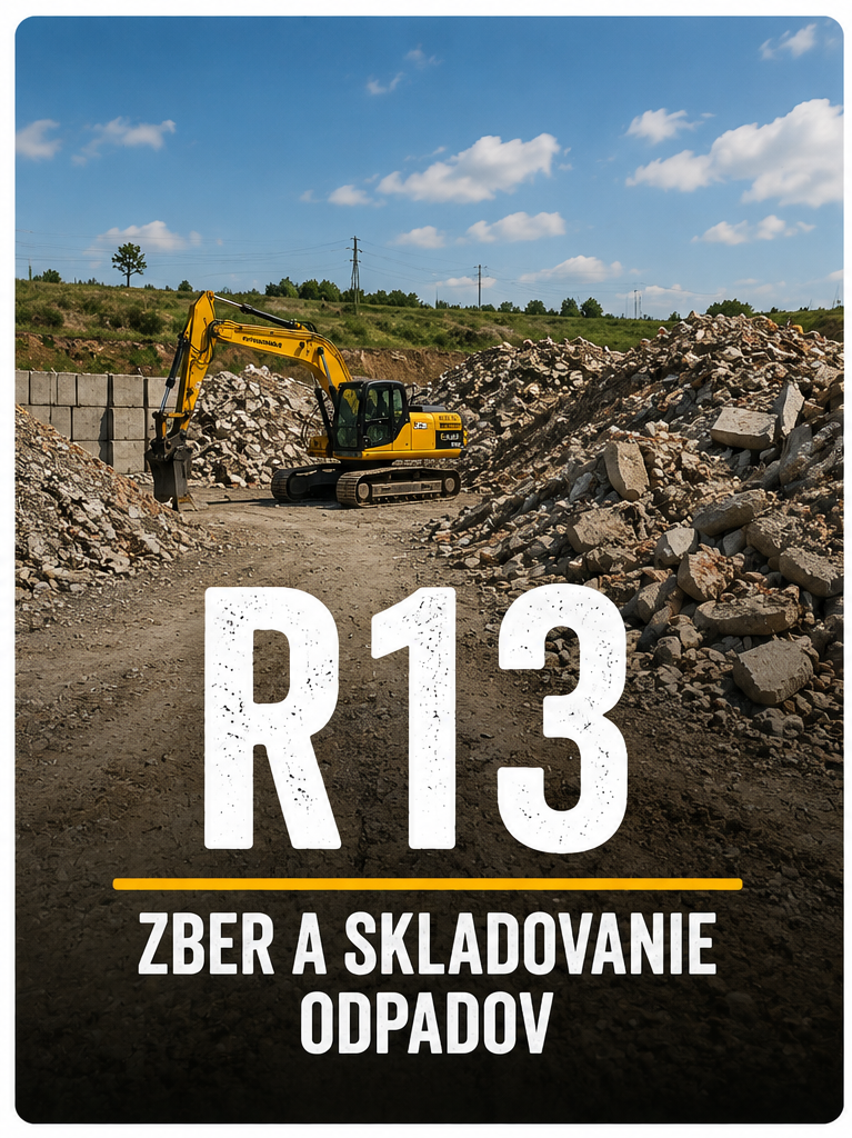 Yellow excavator working on rocky construction site, with large “R13” and “ZBER A SKLADOVANIE ODPADOV” text overlay.